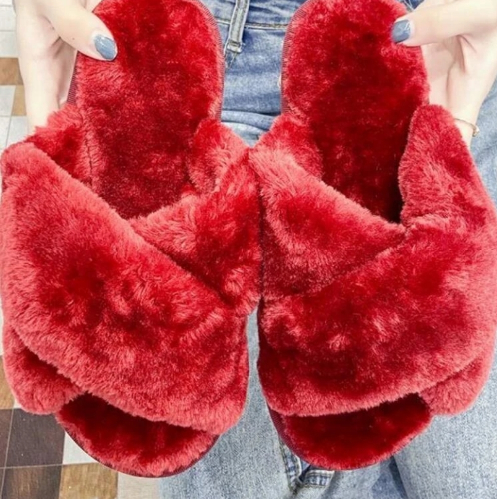 Red faux fur slides